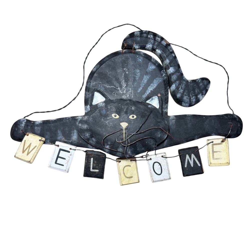 Vintage Folk Art Wooden Cat Welcome Sign‎ Hand Painted Black Tabby Wall Decor
